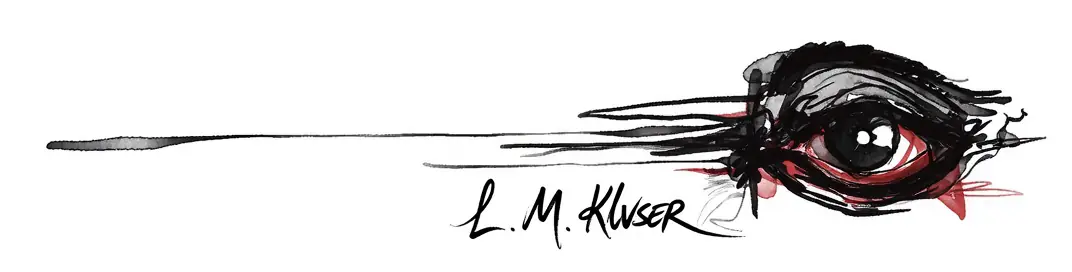 Tuschzeichnung eines Auges am Ende einer langen Linie, dazu die handschriftliche Signatur